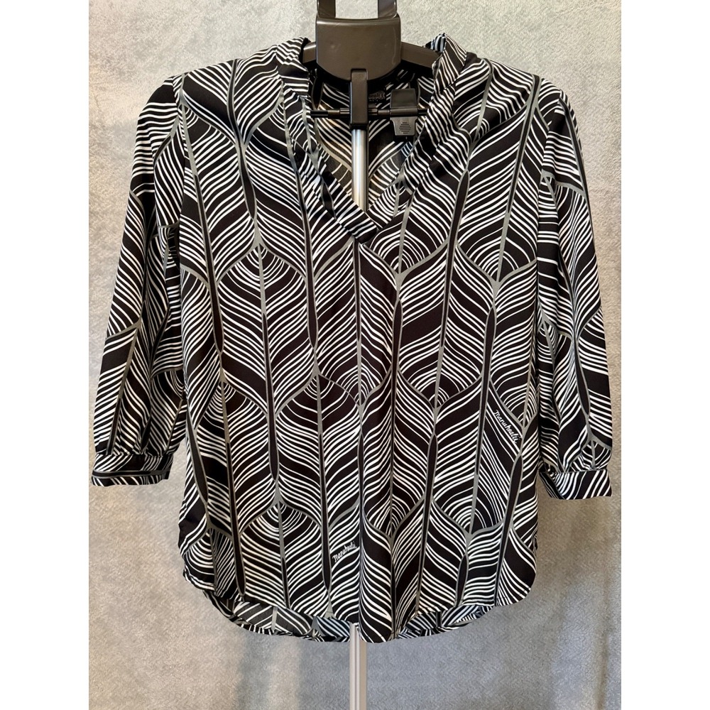 Manuheali'i Women Black White Abstract Hawaiian 3/4 Sleeve Aloha Blouse Sz XS